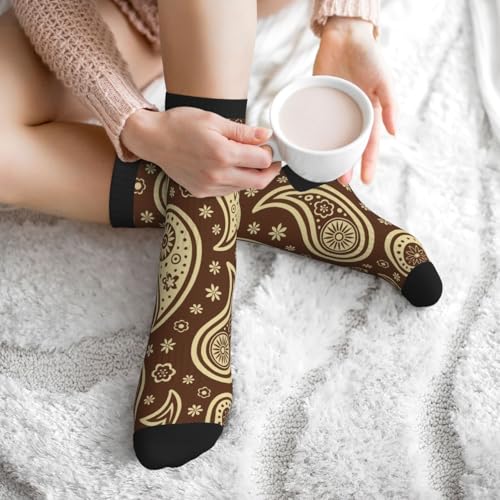 Crew Athletic Socks Funny Crazy Casual Sports Novelty Dress Socks for Women Men Running Hiking - color: Brown Ethnic Paisley Flowers