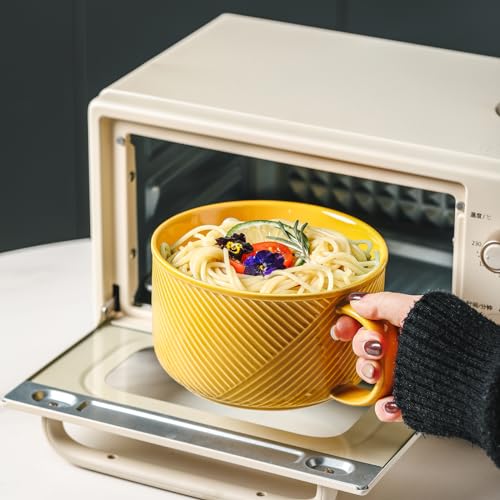 Ceramic Soup Bowl with Handle, 38 oz Microwave Safe, Yellow - color: Mustard Yellow