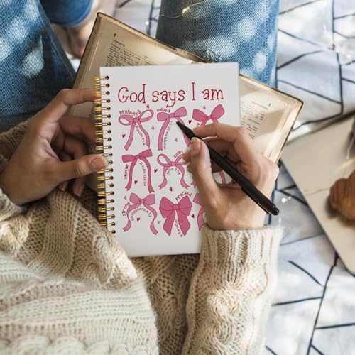 Bible Journal for Women, Christian Prayer Journal Pink Notebook Gifts for Teen Girls Kids, Bible Study Supplies, Coquette Preppy Bows Cute Church Faith Journaling Hardcover Spiral Notebook 5.5x8.3 - color: Pink Bow - God says I am - 1