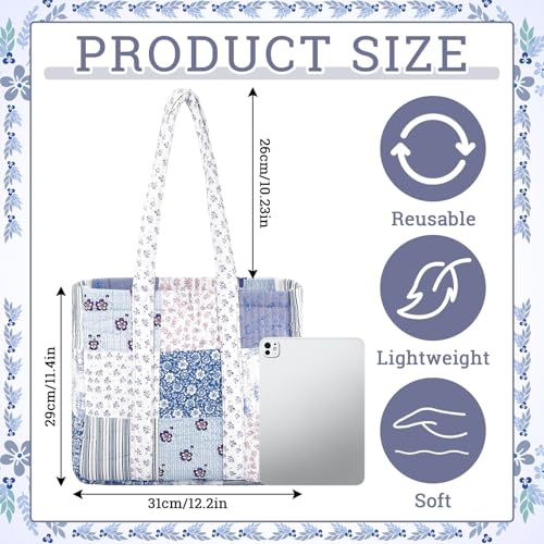 Aliceset Quilted Patchwork Tote Bag for Women Cotton Shoulder Bag Back to School Gift Farmhome Rustic Handbag Commuting Beach - style: Blue Floral