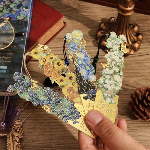 4 Pieces Bookmarks with Tassel, Golden Hollow Metal Bookmark Monet Oil Painting Theme Book Mark for Women Book Lovers Writers Readers Children Teenage Girls, (Flowers Style) - style: 4Pcs Flowers II