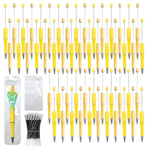 150 Pieces DIY Beadable Pens Kit - 50 Fall Plastic Beadable Pens Bulk, Refills & Pen Bags Included - Beaded Pens Black Ink Ballpoint Cute Pens for Students Teacher（Yellow+Golden） - color: Yellow, size: 50