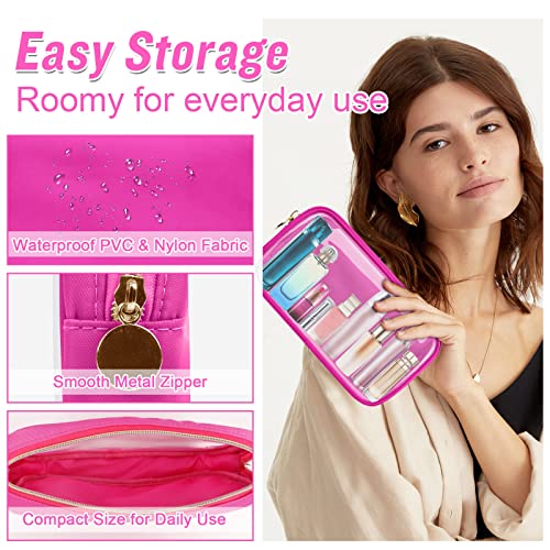 Small Clear Travel Makeup Organizer Bag for Purse, Preppy Makeup Bag Cute Cosmetic Zipper Pouch Purse, Transparent PVC & Nylon Waterproof Toiletry Storage Clutch Coin Pouch for Women Girls(Hot Pink) - color: Hot Pink-Clear, size: Small