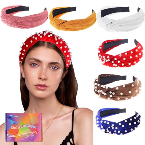 LOVNFC Womens Headbands, 6Pcs Knotted Head Bands No Slip Fashion for women Girls Wide Top Knot Turban Hair Bands Velvet Hair Hoops Hairband (red blue brown) - color: Pure color with pearl C