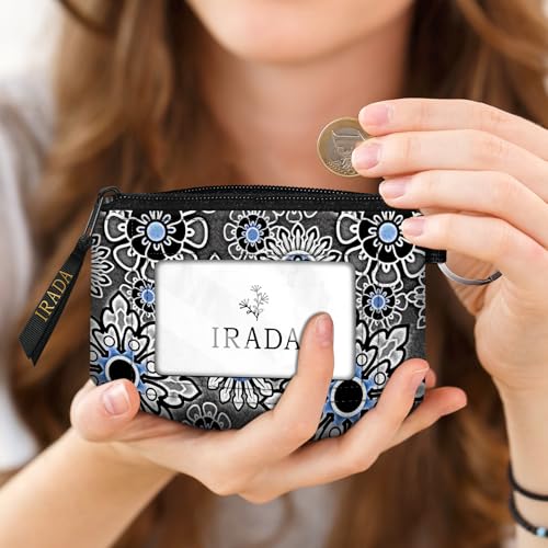 IRADA ID Case Wallet Keychain with Clear ID Window Zipper Cute Coin Purse for Women Water Resistant Small Coin Pouch-Vintage Boho Grey Keychain Wallet - color: Vintage Boho-Grey-Keychain Wallet