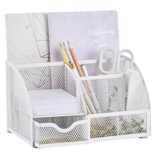 Annova Mesh Desk Organizer Office with 7 Compartments + Drawer/Desk Tidy Candy/Pen Holder/Multifunctional Organizer (White) - color: White