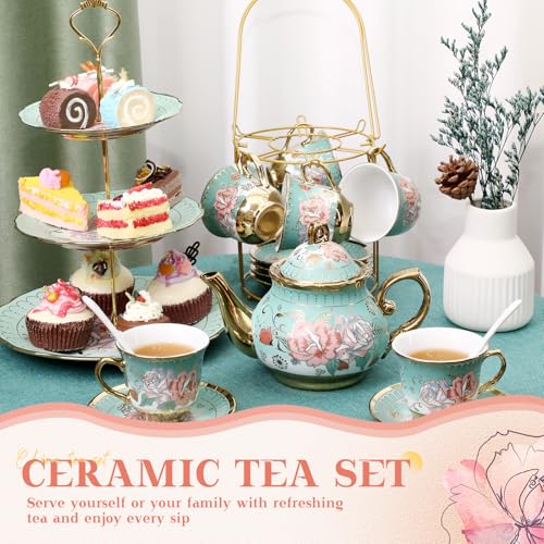 21 Pcs Porcelain Tea Set with 3 Tier Dessert Stand, Green, Summer - color: Green, style: Summer
