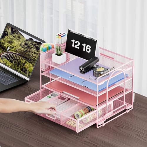 Marbrasse Desk Organizer, 4-Tier Paper File Letter Tray, Pink - color: Pink with Pen Holder
