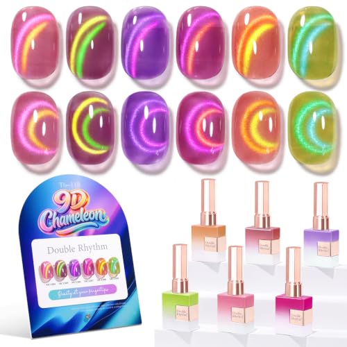 Double Rhythm Cat Eye Gel Nail Polish Set of 6 Same Color Same Bottle 0.5 Oz Shimmer Glitter with Magnet Holographic Reflective Magnetic UV Nail Polish Kit at Home (T6-118) - color: Chameleon 9D