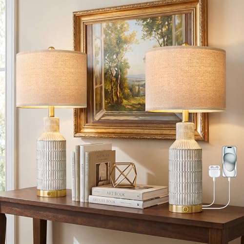 USumkky 25" Modern 3-Way Dimmable Touch Control with USB A+C Ceramic Lamps Set of 2 Table Lamp for Living Room Bedroom Farmhouse Nightstand Bedside Lamps (White-Washed) - color: White
