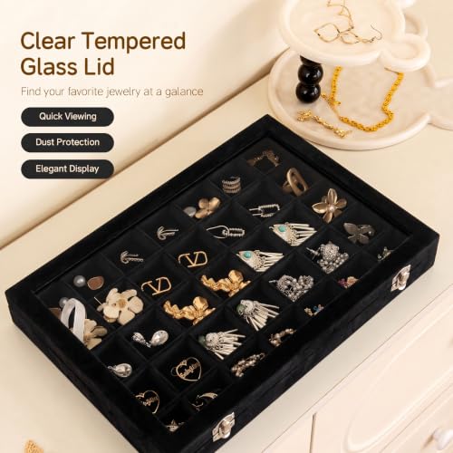 Frebeauty 35 Grid Earring Organizer,Velvet Jewelry Tray with Clear Lid - color: Black, size: 35 Grid