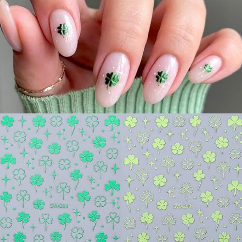 11 PCS St. Patrick's Day Nail Art Stickers 3D Self-Adhesive Green Shamrock Nail Decals Green Leaf Shape Clover Sticker DIY Spring Holographic Designs Manicure Decoration Nail Supplies for Women - style: Green Leaves