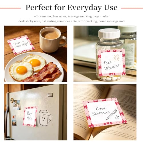 Sticky Notes 3x3 Inches, Cute Self-Stick Note Pads, Funny Memo Pads, Easy to Post Sticky Notes for Office, Home & Notebook Cute Pink Bow Cherry - color: Cute Pink Bow Cherry