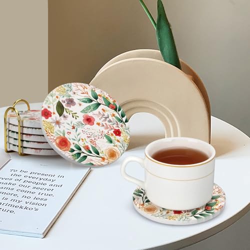 Cute Flower Absorbent Drink Cup Coasters Set of 6 Floral Coffee Table Decor