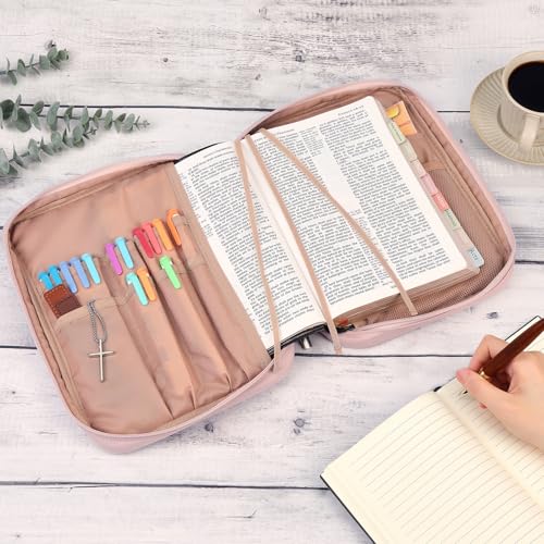 FINDCOZY Bible Cover for Women, Durable Carrying Book Case Church Bag for Biblical Accessories with Handle and Zippered Pocket, for Scriptures, Pink - color: Pink, size: Medium