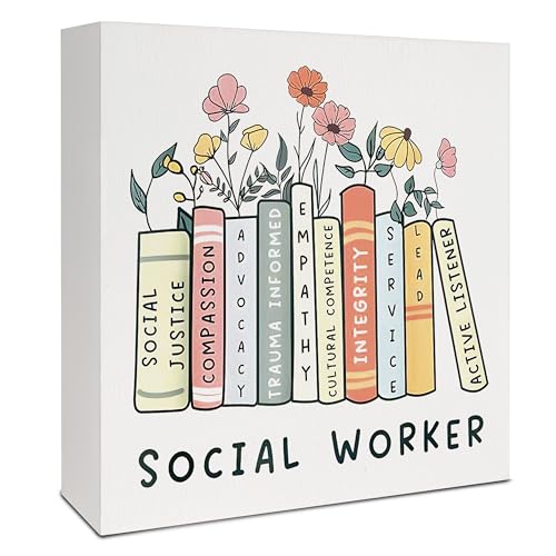 Social Worker Empower Gifts for Women, Floral Bookish Appreciation Gift for Social Work Wood Signs for Home Room Desk Table Shelf, 5x5 Inch - color: Social Worker-Floral Bookish