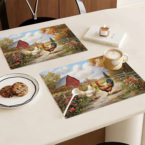 Farmhouse Rooster Placemats Set of 6, Farm Chicken Place Mats, Rustic Farm Coop Waterproof Washable Table Mats for Home Party Indoor Kitchen Dining Table Decoration 12x18 Inch - color: Rooster, size: Set of 6