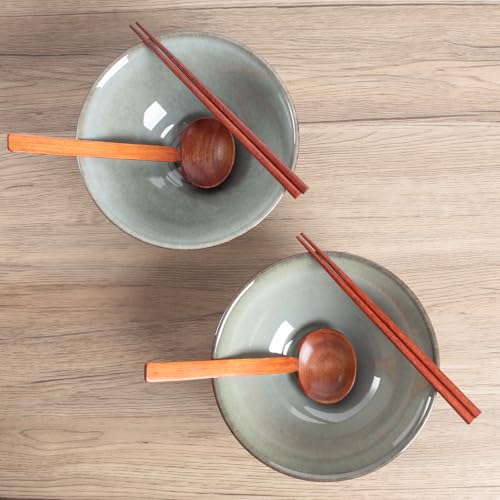 40oz Japanese Ceramic Ramen Bowl Set of 2 with Chopsticks and Spoons for Pho Udon Asian Soup Noodles (Grayish Green) - color: Grayish Green