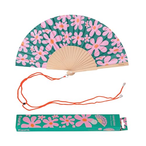 Fisura - Original Folding Fan with Flowers Print. Wooden Handheld Fan for Women. Pink and Green Design for Raves, Festivals, weedings. Hanger Included. Size: 16.7 x 9 inches - color: Flowers, Green and Pink
