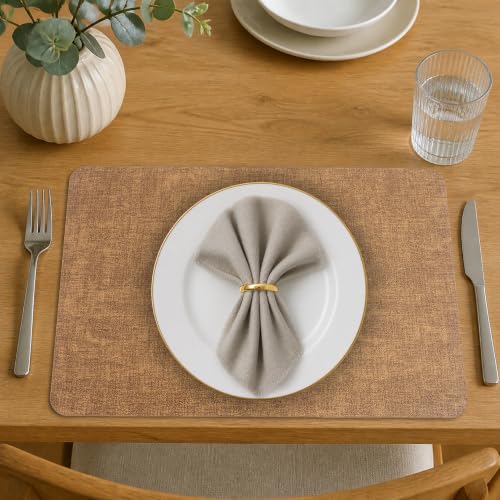 Placemats Set of 4 with Napkins and Rings - Washable Faux Leather Table Mat - color: Brown, size: Placemats Set of 4