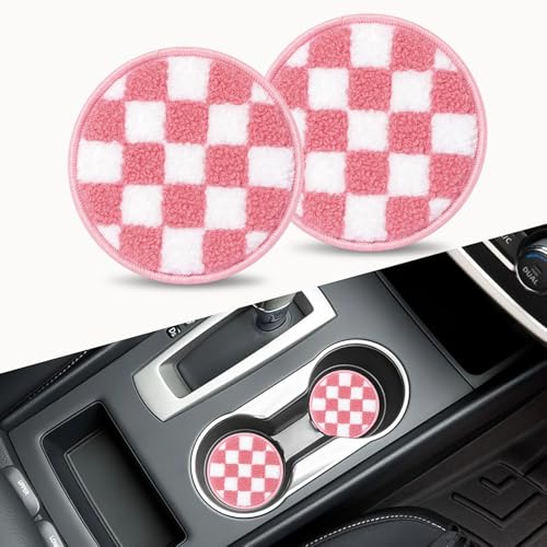 Car Cup Holder Coaster, 2-Pack Drink Coasters for Car Accessories, Car Things Automotive Organization, Desk Use, Men and Women’s Must-Haves, Pink Checkerboard Felt Inserts Gift for Her - color: Light Pink/White