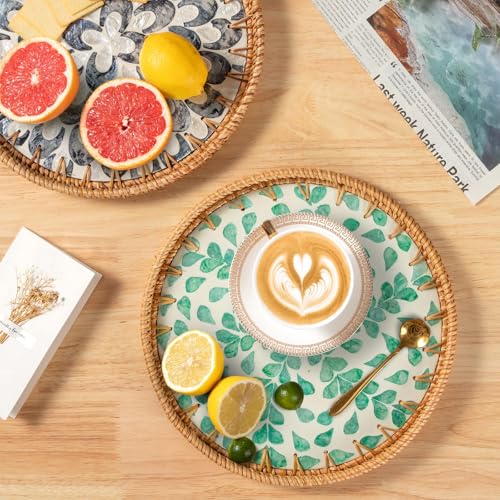 Round Rattan Tray with Mother of Pearl Inlay, Coffee Table Wicker Tray with Wooden Base, Decorative Trays for Home Decor and Display of Coffee Food Fruit Bread (Green Wicker)