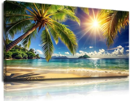 Yxbhhym Bedroom Wall Art Coastal Painting Tropical Beach Pictures for Living Room Summer Ocean Wall Decor Palm Tree Canvas Print Sunrise Sunlight Scenery Poster Office Artwork Home Decorations - color: AbePal, size: 48"L x 24"W
