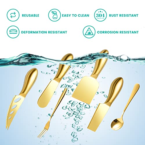 LifeMusican Gold Cheese Knife Set For Charcuterie Board Accessories, Stainless Steel Cheese Slicer And Butter Spreader knives Kit With Serving Tongs, Spoons, Forks, Flags Cheese Markers, Honey Dipper - color: Gold