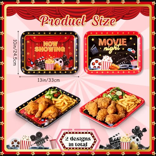 Vesici 4 Pack Movie Night Melamine Serving Trays, 13 x 10 Inch Rectangular Cinema Snack Platters with Popcorn & Film Designs, Durable Serving Plates for Home Theater, Parties & Appetizers - style: Movie Night
