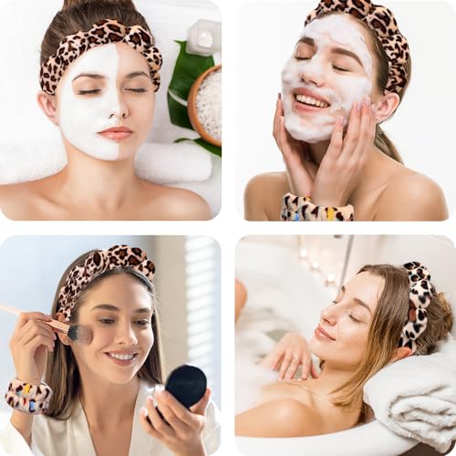 Spa Headbands for Washing Face Wristband Set Sponge Makeup Skincare Headband Wrist Towels Bubble Soft Terry Towel Cloth Hairband for Women Puffy Headwear Non Slip Thick Thin Hair Headwear (Leopard) - color: Leopard
