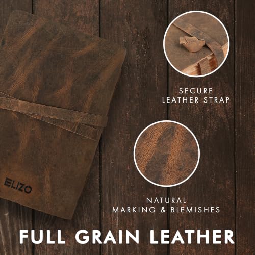 ELIZO Vintage Leather Bound Journal for Men & Women, Book of Shadows Grimoire Journal, Strap Lock Closure-200 Handmade Deckle Edge Pages Genuine Leather Sketchbook Notebook, Teak Brown, 4X6 inches - size: 4x6 (Strap Closure)