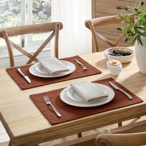 ZeeMart Linen Checked Farmhouse Placemats Set of 4, Terracota 13x19in - color: Terracota, size: Set of 4