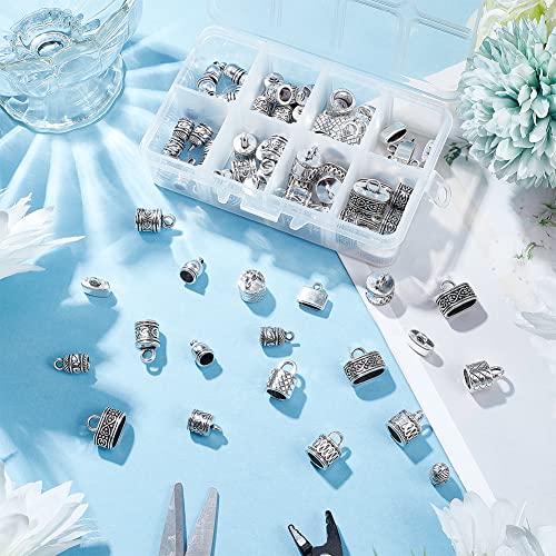 PH PandaHall Cord End Cap, 80pcs 8 Styles Vintage Leather Cord End Alloy Tube Barrel End Tip Glue-in Cord Terminator Barrel Caps for Tassels Bracelet Jewelry DIY Craft, for 5~12mm Cord, Antique Silver - color: Antique Silver-80pcs