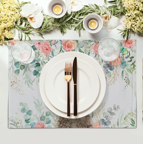 Easter Bunny Placemats Set of 4 Eucalyptus Leaves Rabbit Rose Place Mats 12x18 Inch Spring Seasonal Vintage Farmhouse Heat Resistant Washable Table Mats for Party Kitchen Dining - color: Easter Leaves