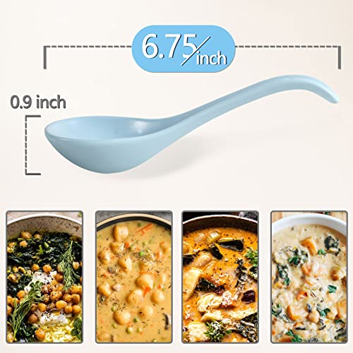 Blue Ceramic Soup Spoons Set of 6, 6.75 Inch Ramen Spoons for Chinese, Pho, Cereal, Noodles, Stews, Wonton, Dumpling, Miso - Deep Oval Hook Design, Dishwasher Safe - size: 6.75 inch - Blue