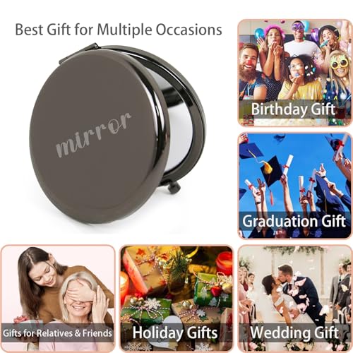 Compact Mirror Round 2.6” Metal Double Sided 1X/2X Engraved Pocket Mirror Gifts for Men (Bk01) - color: Black01