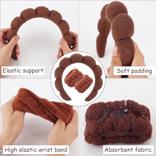 Zkptops Spa Headband for Washing Face Wristband Set Sponge Makeup Skincare Terry Cloth Bubble Soft Get Ready Hairband for Women Girl Puffy Padded Headwear Non Slip Thick Hair Accessory(Dark Brown) - color: YR Dark Brown