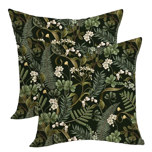 Spring Pillow Covers 18x18 Pack of 2 Green Herbs Botanical Wildflower Throw Pillow Covers,Summer Seasonal Decor Pillowcase Rustic Farmhouse Decorative Linen Cushion Case for Sofa Couch Outdoor - color: Black Plant 2, size: 18" x 18" (Pack of 2)