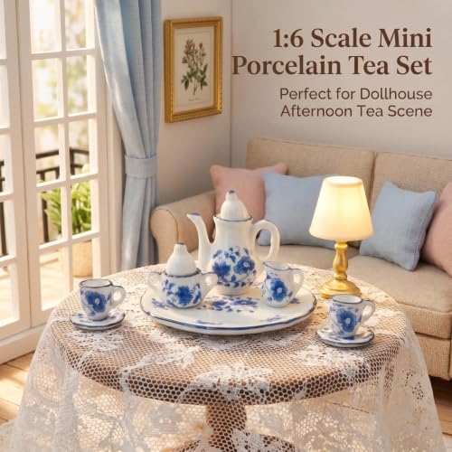 Miniature Tea Set 1/6 Scale Dollhouse Accessories Porcelain Blue Flower - color: Blue Flower