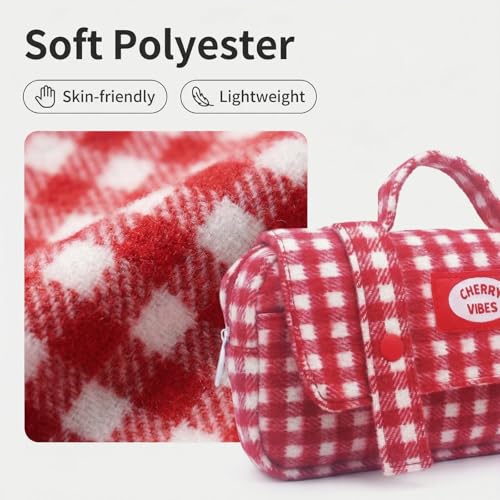 Cute Checkered Pencil Case, Red White Plaid, Large Capacity Gingham Pattern Pen Bag with Handle, Big Stationery Organizer, Multi-Use Storage Pouch, 8.7x1.6x4.7 Inches, Red - color: Red-white checkered