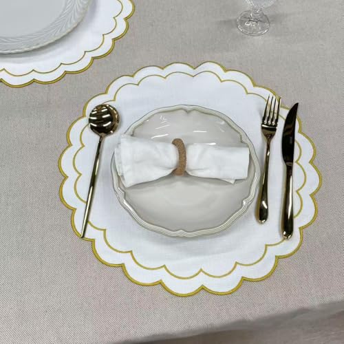 Linen Cotton Placemats Set of 4 Scalloped Flower Embroidery Place Mats 15'' Natural Linen Texture Fabric Machine Washable Table Mats for Restaurant Kitchen,Table Decor(White) - color: White