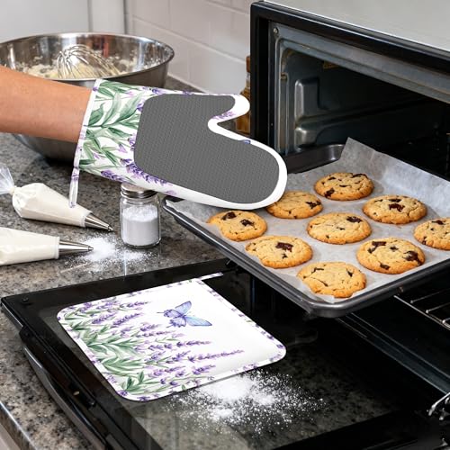 Lavender Heat-Resistant Silicone Oven Mitts and Pot Holders 4 Piece Set,Purple Butterfly Extra Long Non-Slip Kitchen Oven Gloves for Cooking, Baking, BBQ,Grilling - color: Lavender Purple Butterfly