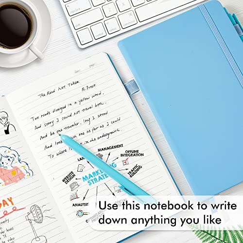 feela 5 Pack Notebooks Journals Bulk, Hardcover Classic Ruled Lined Journals with Pen Holder for Women Girls School Business Supplies, with 5 Black Pens, 120 GSM, 5.1”x8.3”, A5, Blue - color: 5 Blue