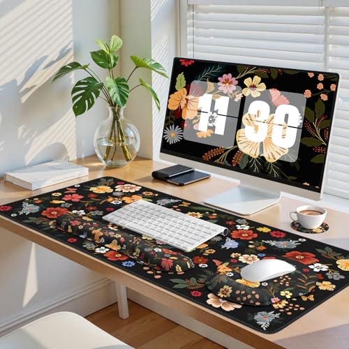 iCasso Desk Cover Mat, 4in1 Floral Large Mouse Pad with Wrist Rest - color: Flowers