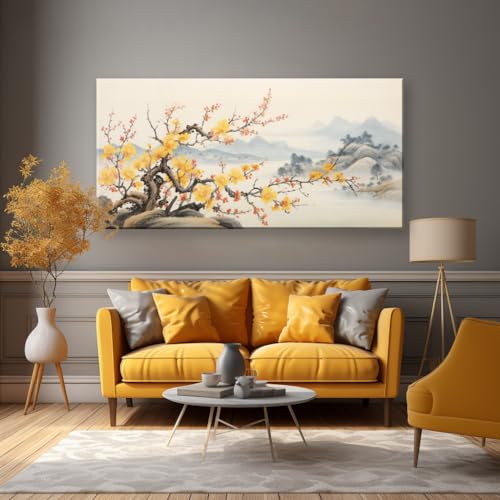 Traditional Chinese Painting - Asian Wall Art: Yellow Plum Blossom Canvas, Cherry Blossom Landscape, Framed, Ready to Hang for Living Room Decor - color: Yellow-One Piece, size: 24"L x 12"W