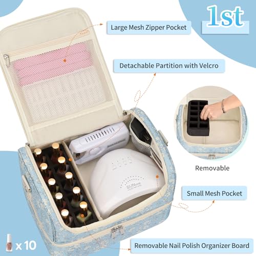 CUBETASTIC Nail Polish Organizer, Nail Supplies Storage Case Holds 45 Bottles Nail Polish & Nail Lamp, Travel Nail Tech Carrying Bag, Nail Kit Bag For Nail Stuff & Manicure Tools - color: Blue with White Flower, size: 45 Slots