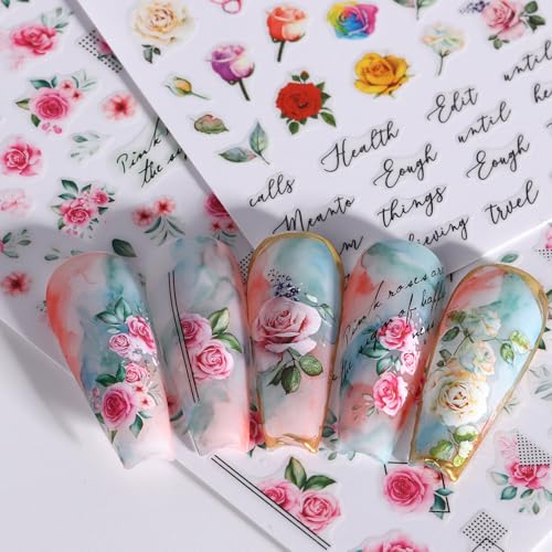 Rose Flower Nail Stickers Decals 12 PCS Romantic Red Pink Rose Nail Art Stickers 3D Self-Adhesive Floral Blossom DIY Designs for Valentine's Day Manicure Decoration Nails Supplies Accessories - style: Rose Flower Style