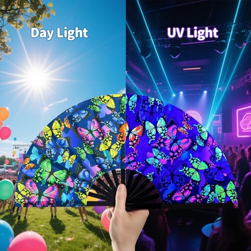 EOSAU Large UV Glow Rave Fan Folding Hand Fans for Line Dancing Butterflies - color: 13" Butterflies