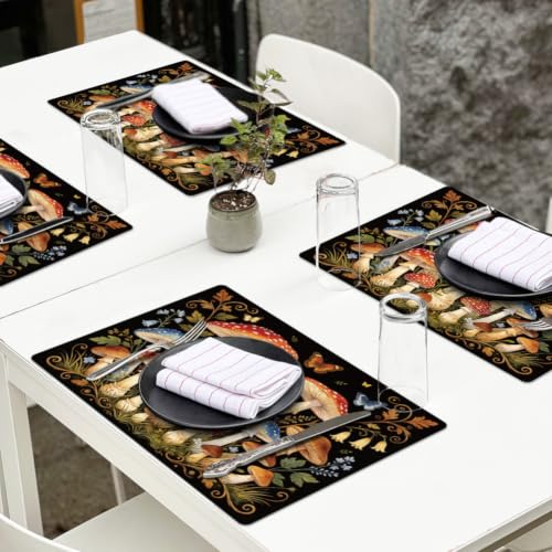 Peacoblue Placemats Set of 4,Faux Leather Mushrooms & Flowers Design - style: Mushrooms with Butterflies and Flowers