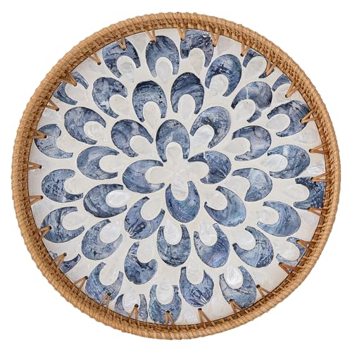 Round Rattan Tray for Home Decor 11.8 inch, Modern and Boho Decor Serving Tray with Mother of Pearl Inlay, Wicker Basket for Coffee Table, Hand Woven Decorative Tray Plates (Black)